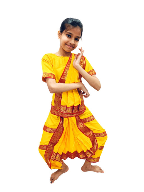 BookMyCostume Yellow & Red Bharatanatyam Saree Indian Classical Dance Costume for Girls | Kids & Adult Fancy Dress Costume